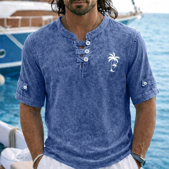 T-Shirt Henley Délavé Vintage Homme Coton Été