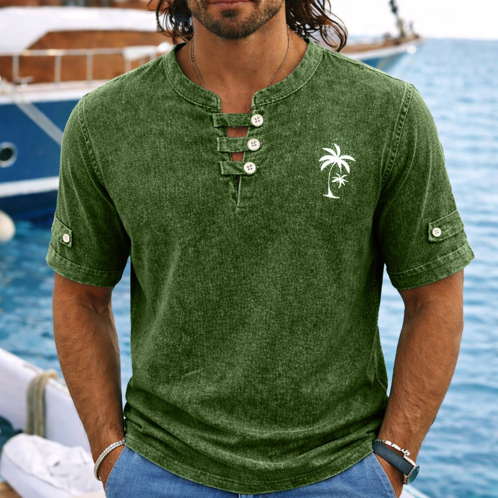 T-Shirt Henley Délavé Vintage Homme Coton Été