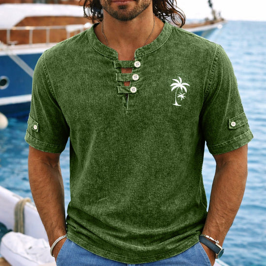 T-Shirt Henley Délavé Vintage Homme Coton Été
