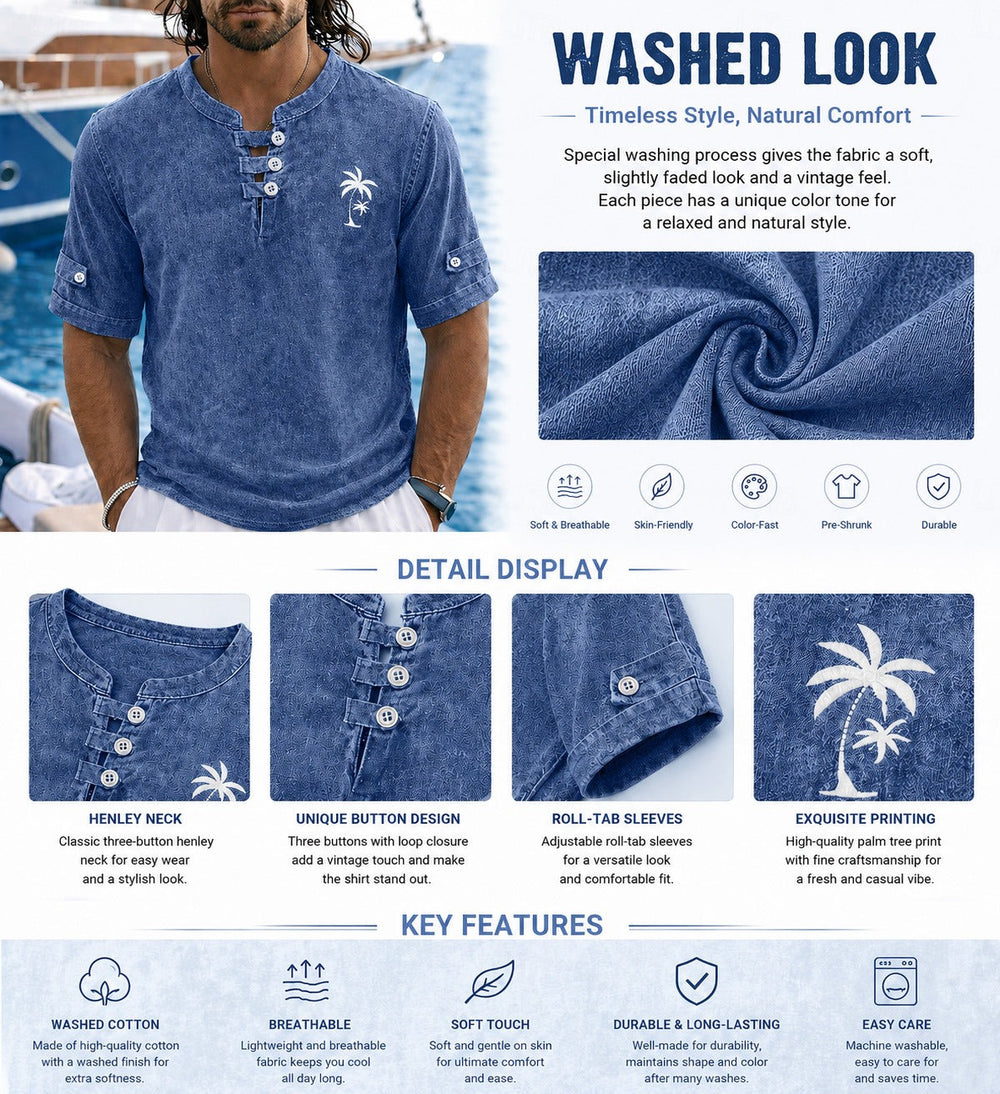 T-Shirt Henley Délavé Vintage Homme Coton Été