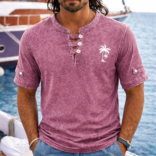 T-Shirt Henley Délavé Vintage Homme Coton Été