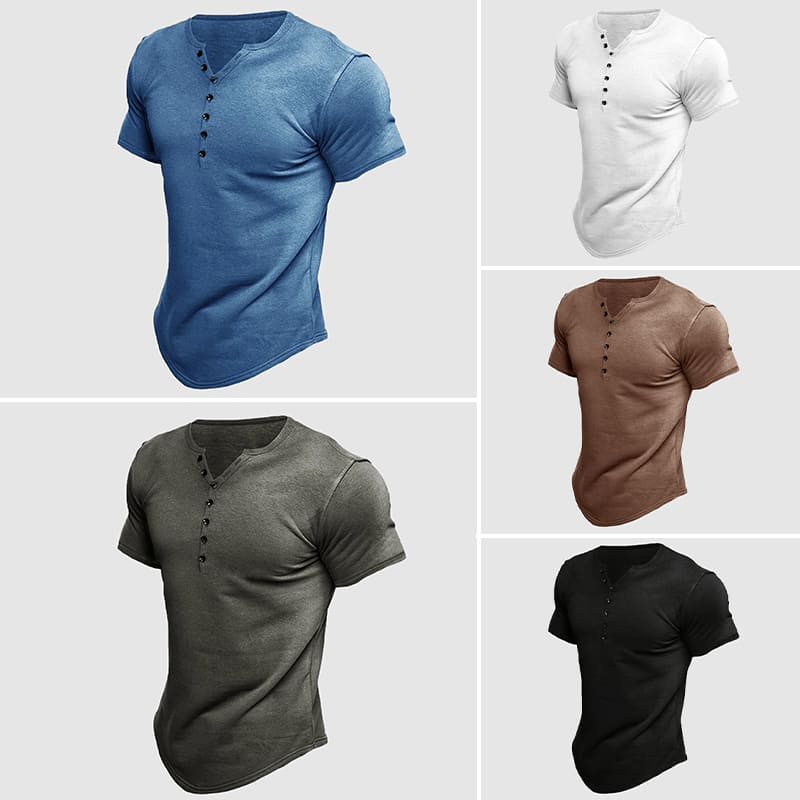 T-Shirt Henley Athlétique Homme Manches Courtes Été