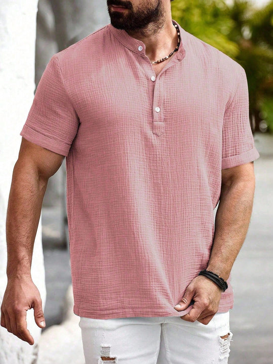 Henley en Lin et Coton Homme Manches Courtes Été