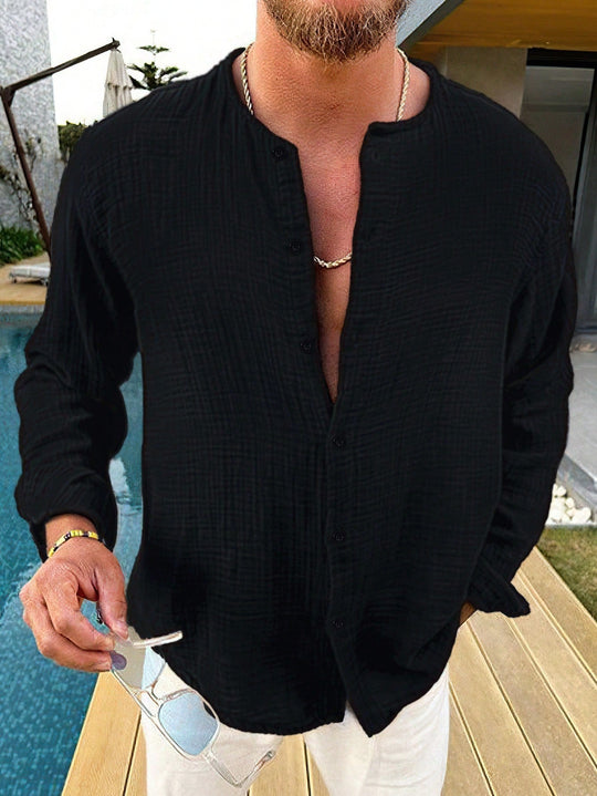 Chemise en Coton Boutonnée Homme Manches Longues Unie