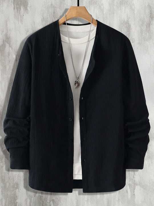 Chemise en Coton Boutonnée Homme Manches Longues Unie