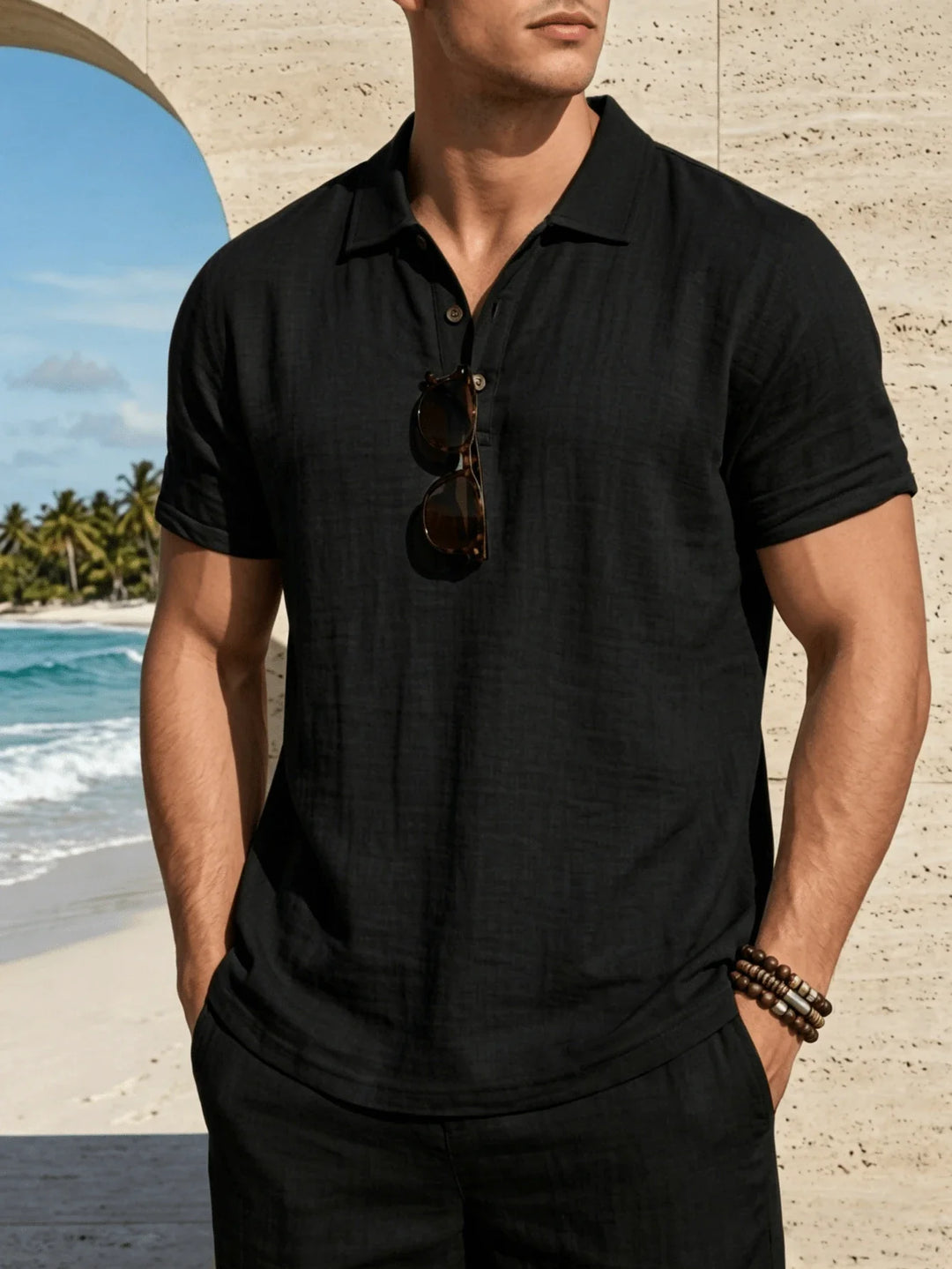 Henley en Lin Homme Manches Courtes Col V Plage