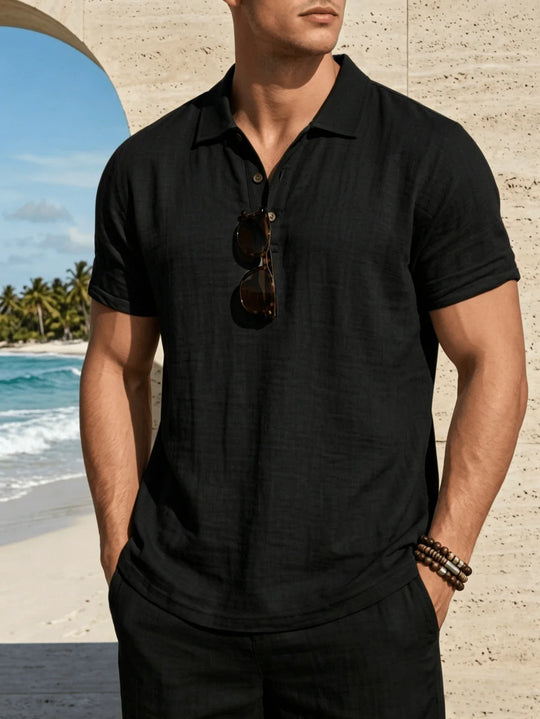 Henley en Lin Homme Manches Courtes Col V Plage