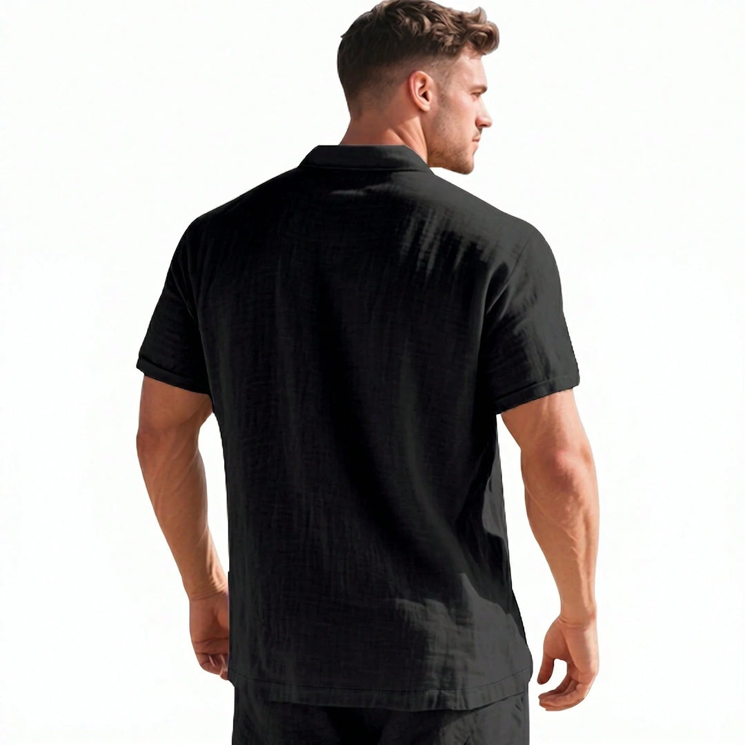 Henley en Lin Homme Manches Courtes Col V Plage