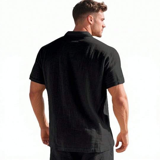 Henley en Lin Homme Manches Courtes Col V Plage