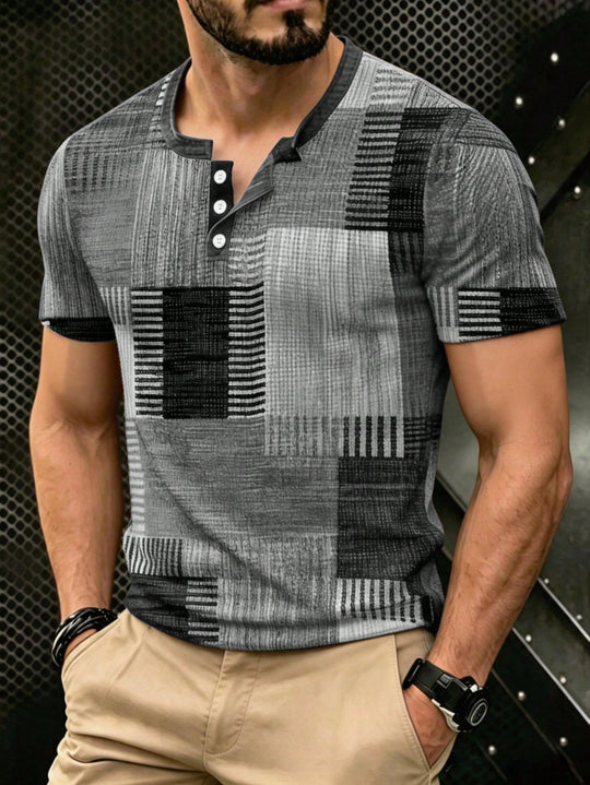 Henley Imprimé 3D à Carreaux Homme Manches Courtes