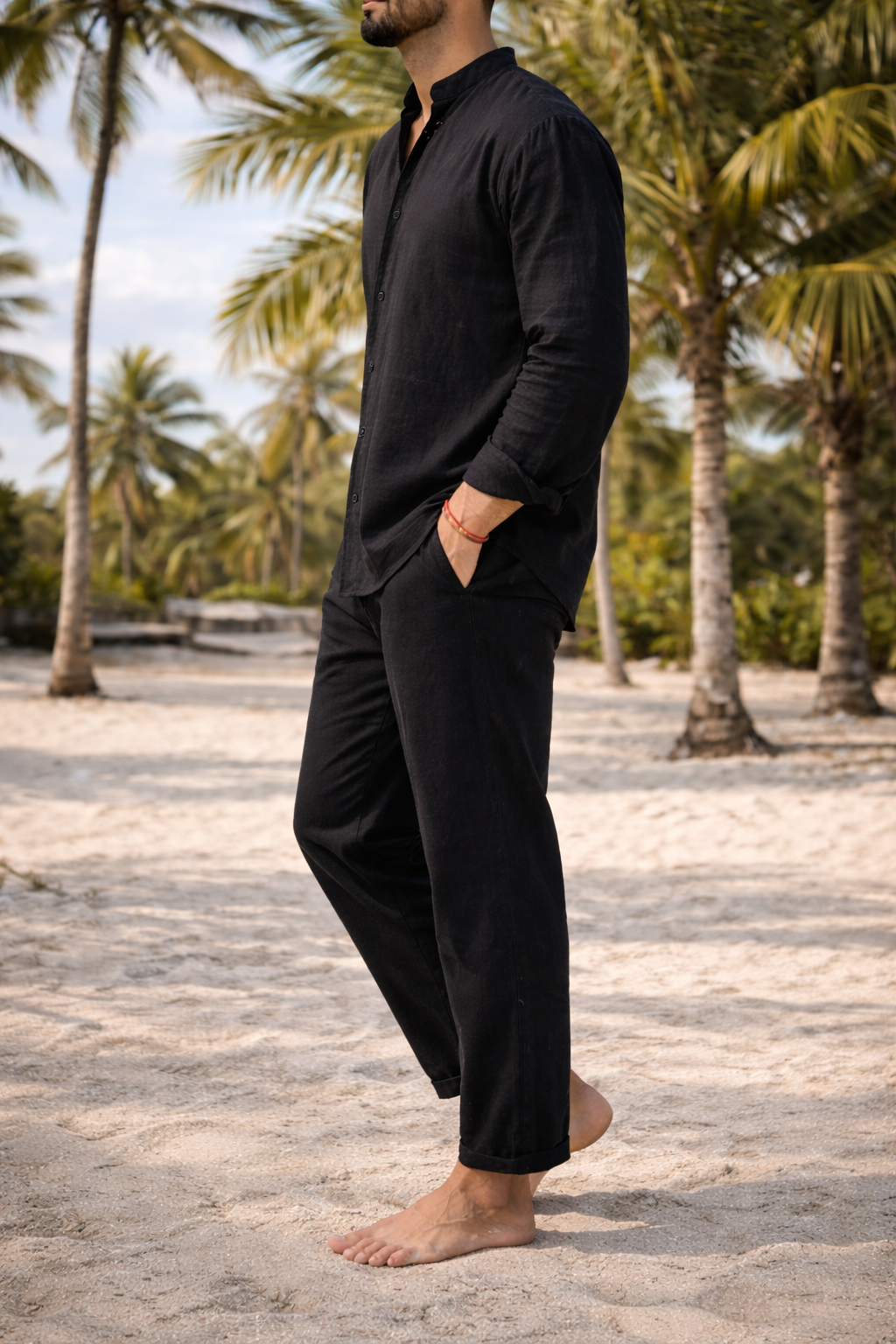 Ensemble en Lin Homme Chemise Col Mao Pantalon Été