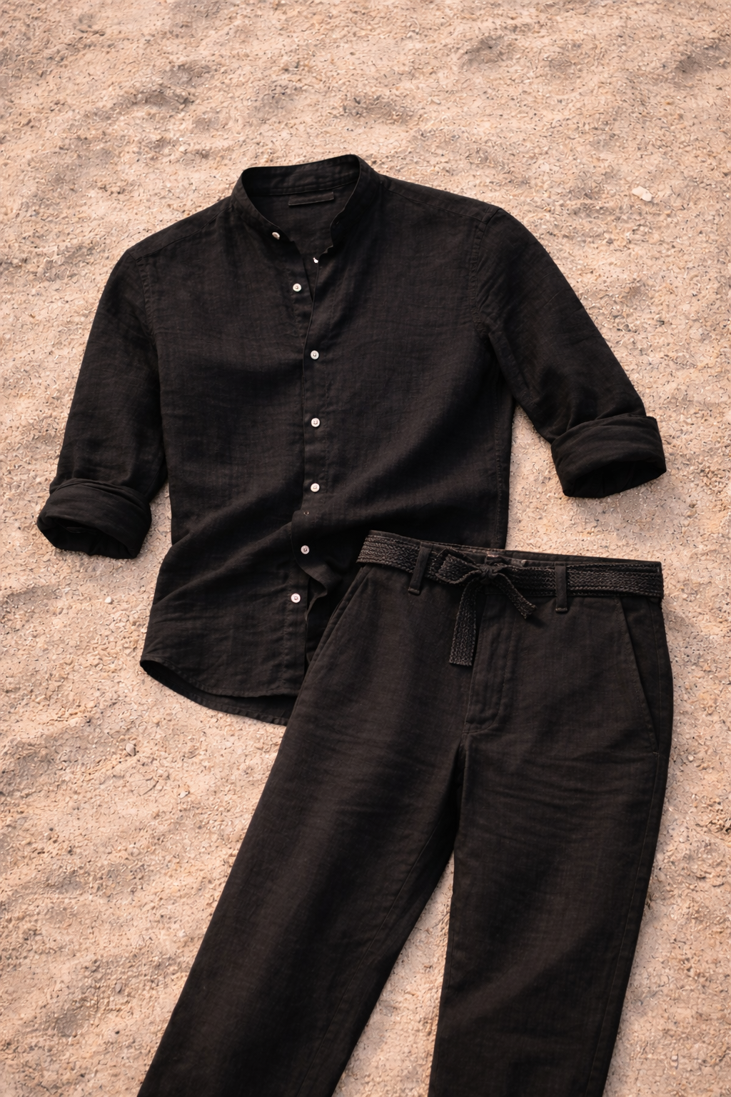 Ensemble en Lin Homme Chemise Col Mao Pantalon Été