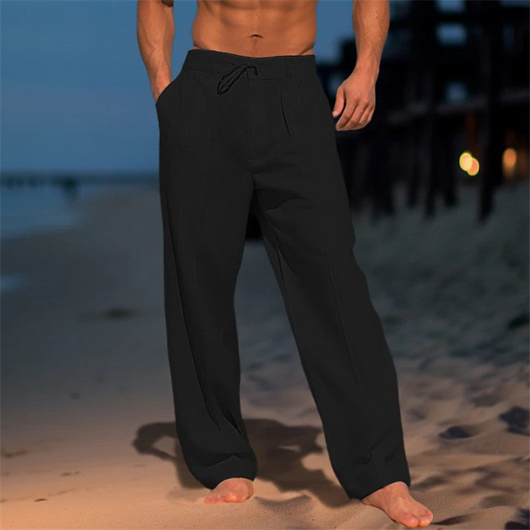 Pantalon de Plage en Lin Homme Été Cordon Léger