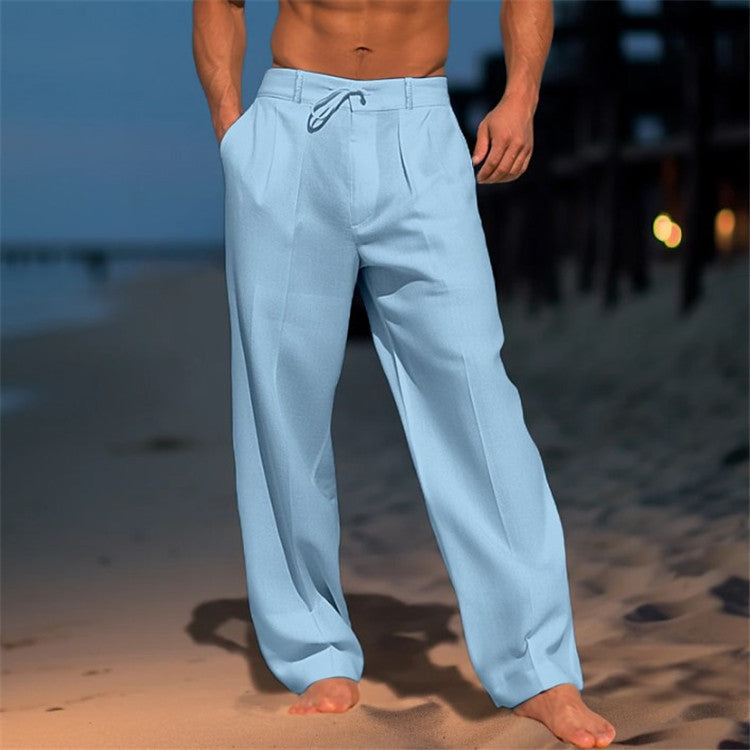 Pantalon de Plage en Lin Homme Été Cordon Léger