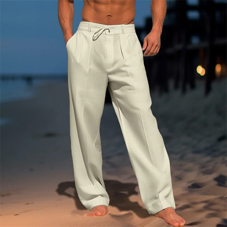 Pantalon de Plage en Lin Homme Été Cordon Léger