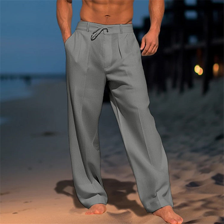 Pantalon de Plage en Lin Homme Été Cordon Léger