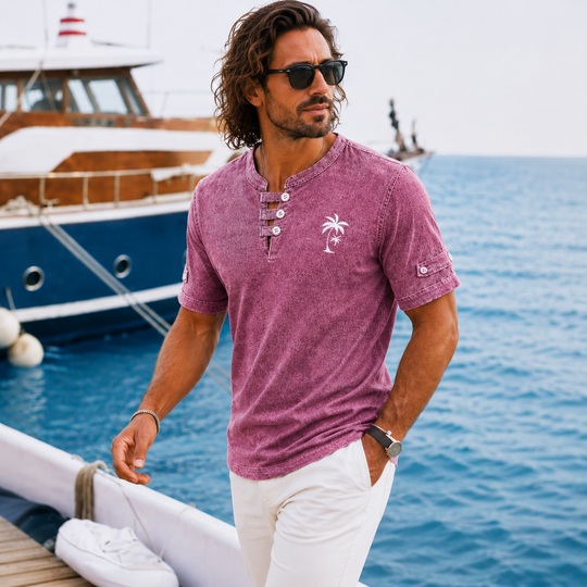 T-Shirt Henley Délavé Vintage Homme Coton Été