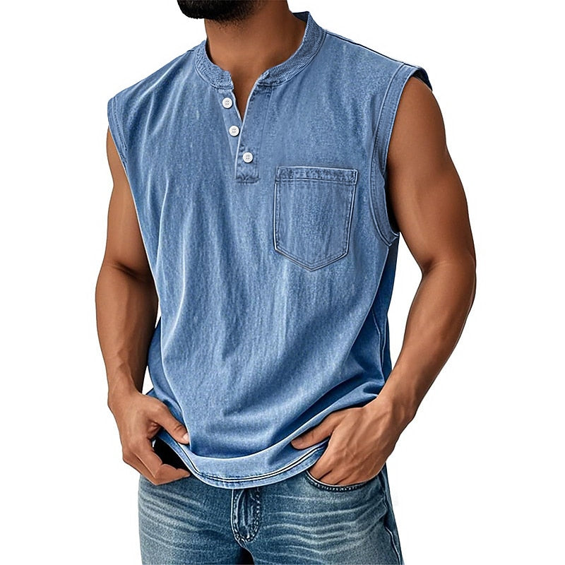 Débardeur Henley Délavé Homme Coton Sans Manches