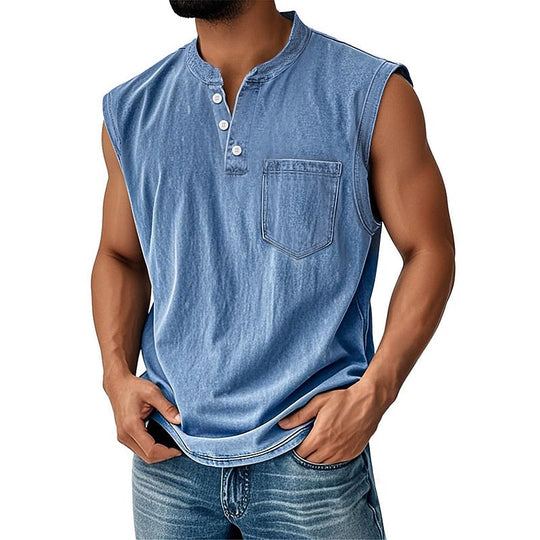 Débardeur Henley Délavé Homme Coton Sans Manches