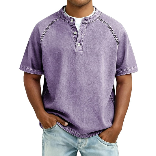 T-Shirt Henley Coton Délavé Homme Manches Courtes
