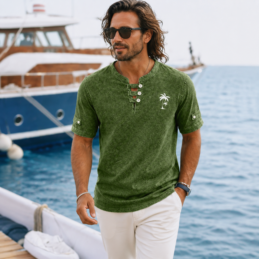 T-Shirt Henley Délavé Vintage Homme Coton Été