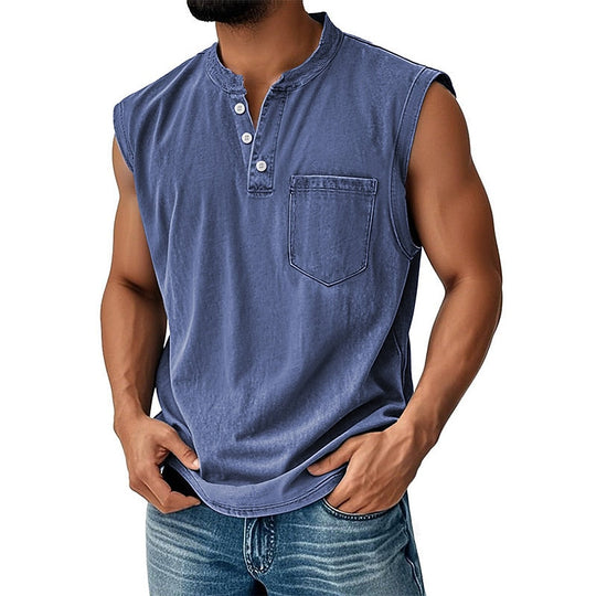 Débardeur Henley Délavé Homme Coton Sans Manches