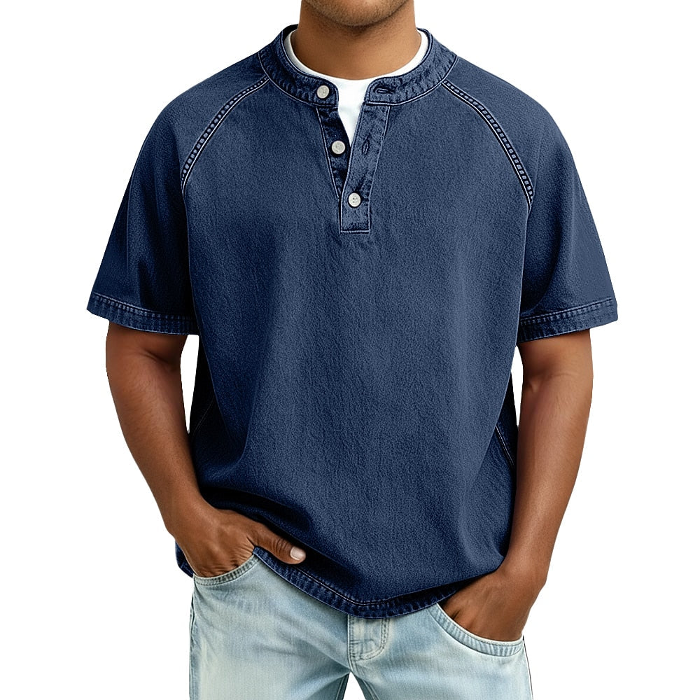 T-Shirt Henley Coton Délavé Homme Manches Courtes