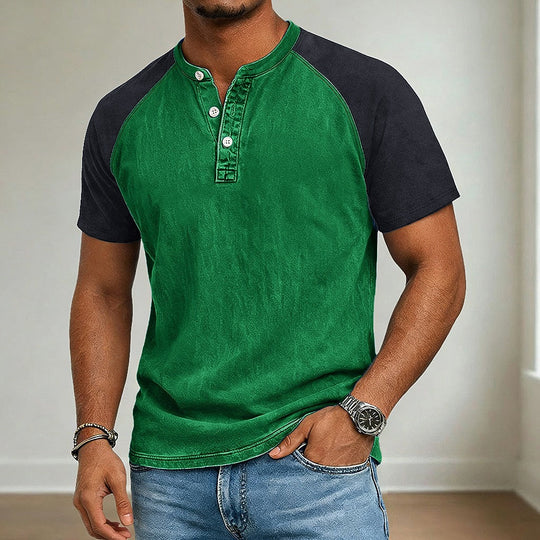 T-Shirt Henley Acid Wash Homme Coton Manches Courtes