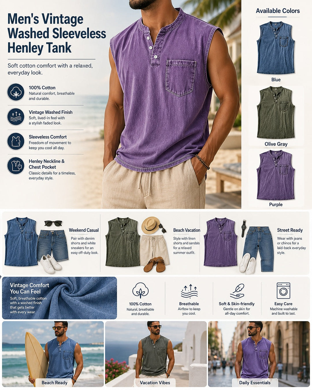 Débardeur Henley Délavé Homme Coton Sans Manches