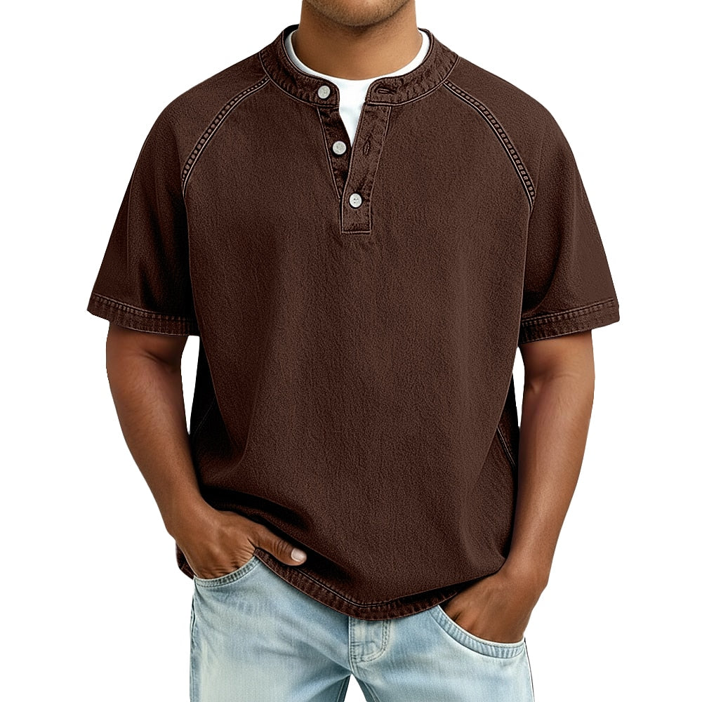 T-Shirt Henley Coton Délavé Homme Manches Courtes