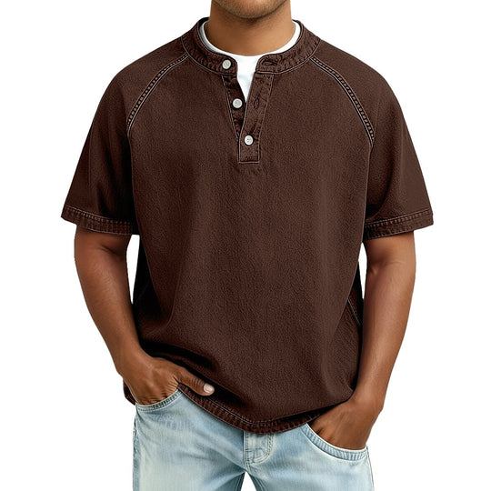 T-Shirt Henley Coton Délavé Homme Manches Courtes