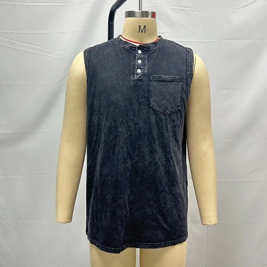 Débardeur Henley Délavé Homme Coton Sans Manches