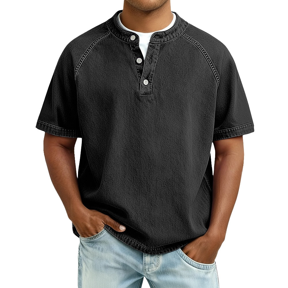 T-Shirt Henley Coton Délavé Homme Manches Courtes