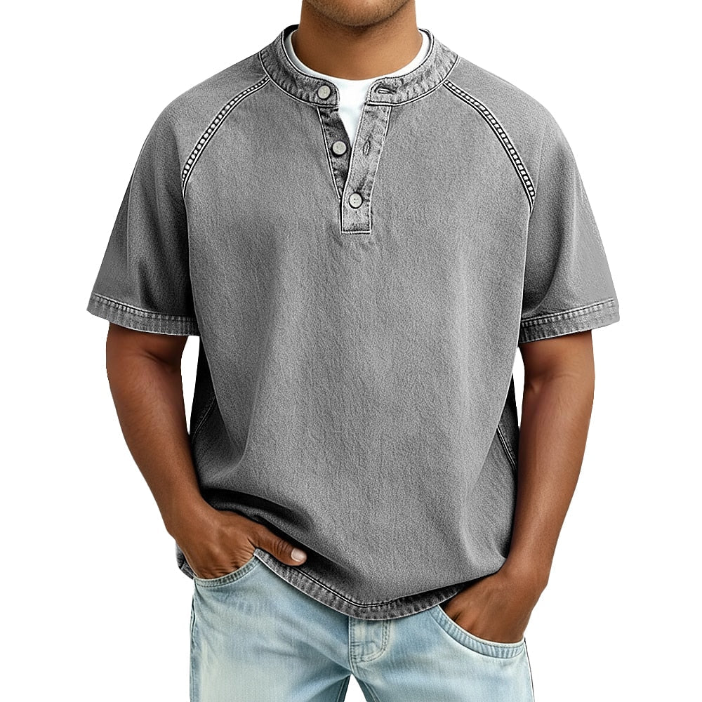 T-Shirt Henley Coton Délavé Homme Manches Courtes
