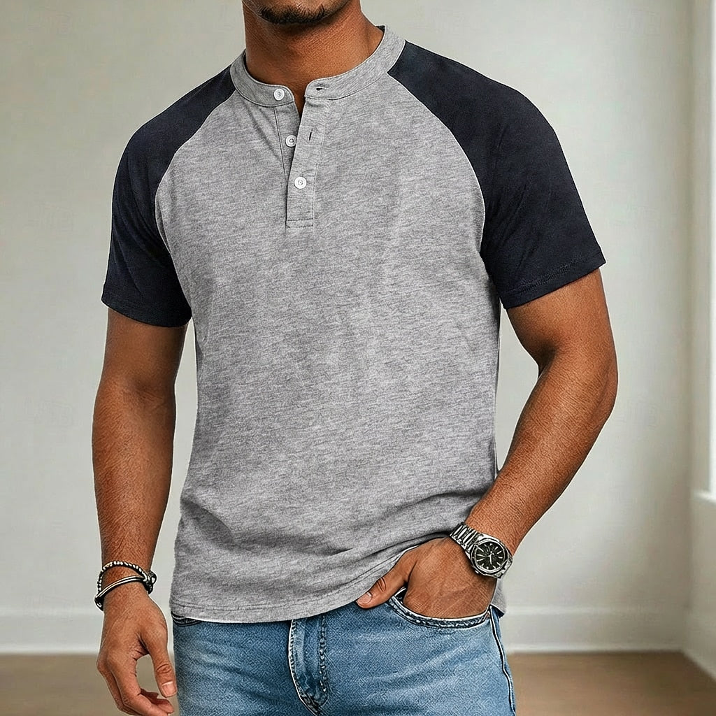 T-Shirt Henley Acid Wash Homme Coton Manches Courtes