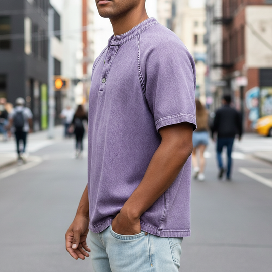 T-Shirt Henley Coton Délavé Homme Manches Courtes
