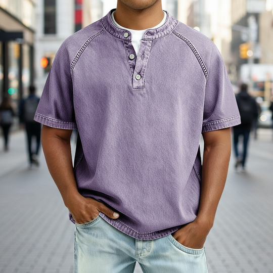 T-Shirt Henley Coton Délavé Homme Manches Courtes
