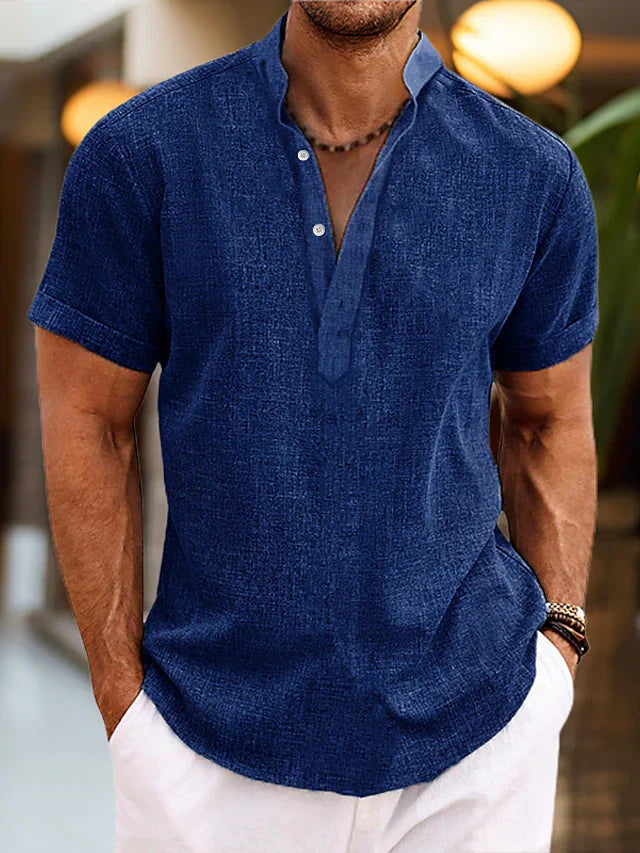 Henley Manches Courtes Homme Été Boutonné Casual