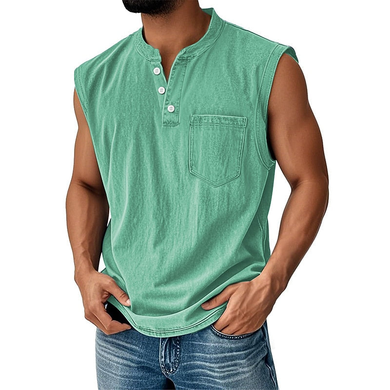Débardeur Henley Délavé Homme Coton Sans Manches