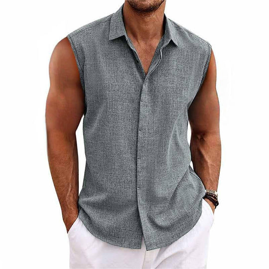 Chemise en Lin Sans Manches Homme Été Boutonnée Casual