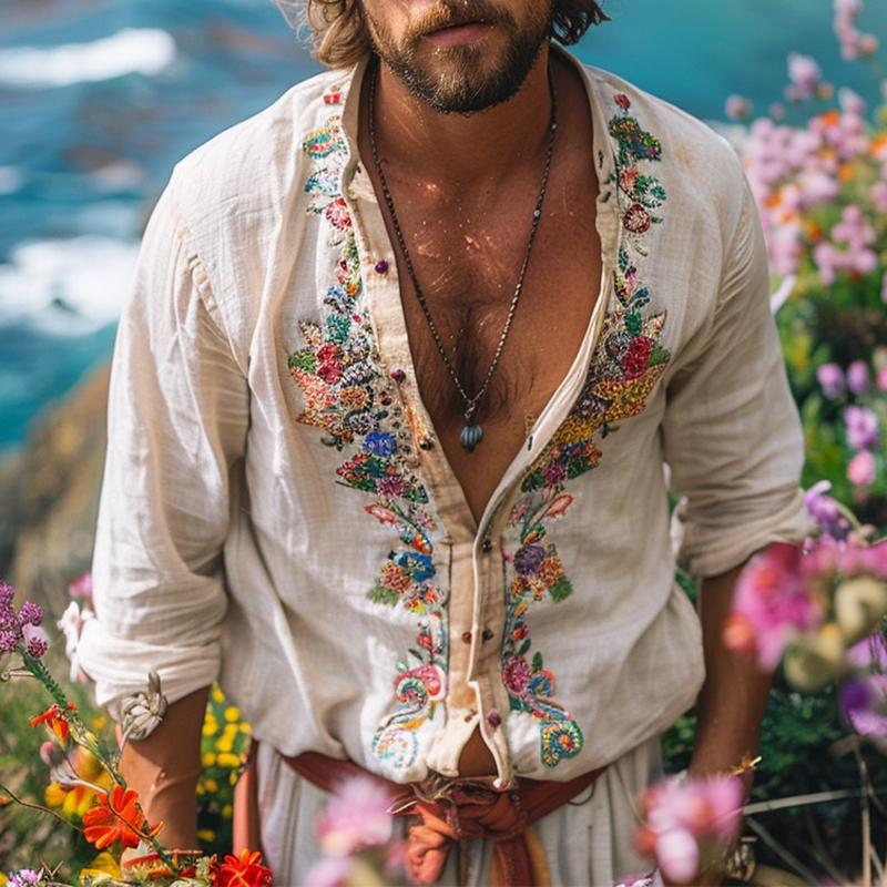 Chemise en Lin Bohème Homme Col Mao Broderie Été