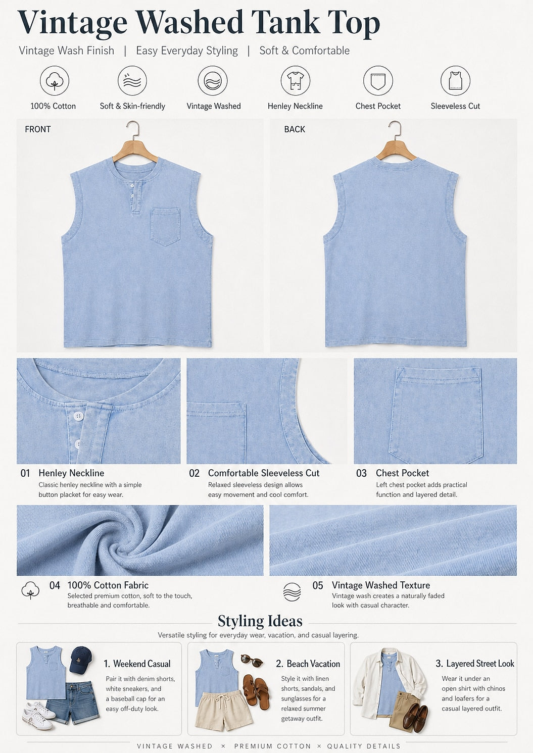 Débardeur Henley Délavé Homme Coton Sans Manches