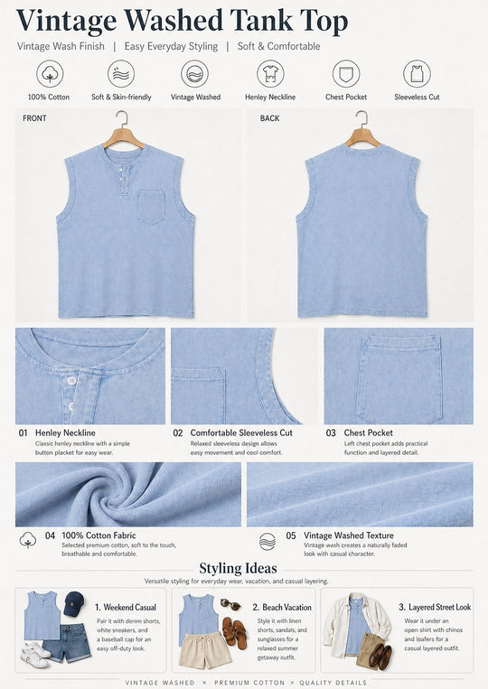 Débardeur Henley Délavé Homme Coton Sans Manches