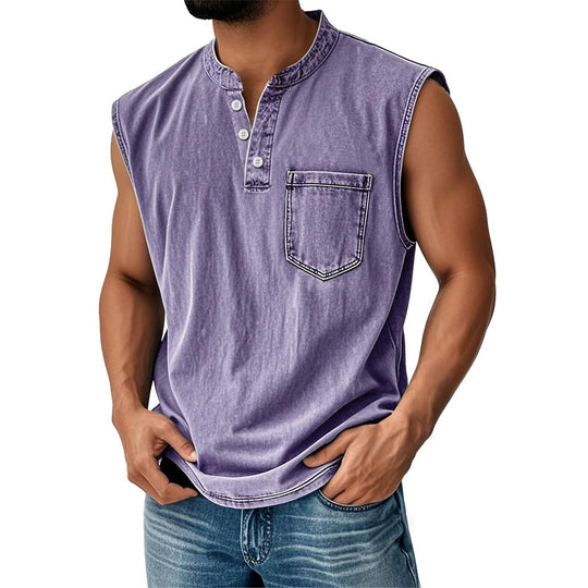 Débardeur Henley Délavé Homme Coton Sans Manches