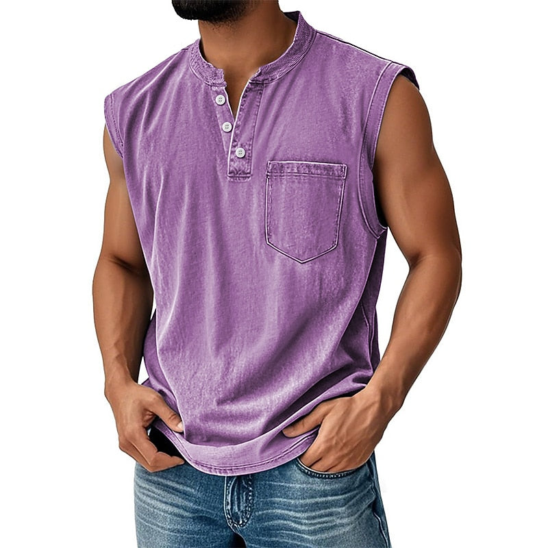 Débardeur Henley Délavé Homme Coton Sans Manches
