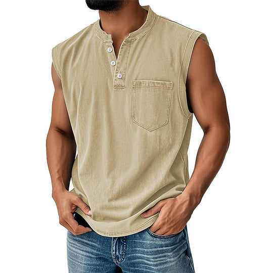 Débardeur Henley Délavé Homme Coton Sans Manches
