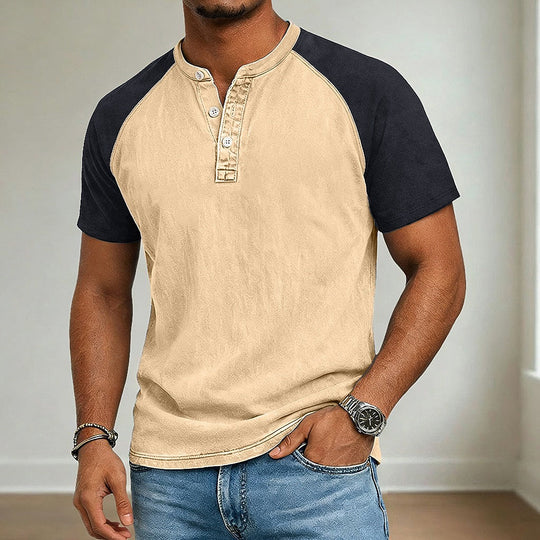 T-Shirt Henley Acid Wash Homme Coton Manches Courtes