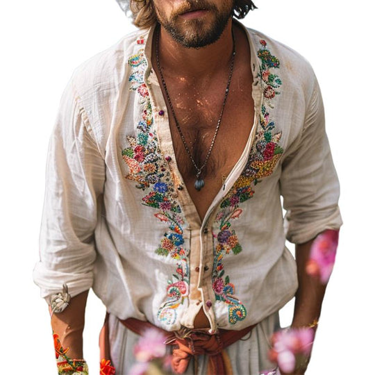 Chemise en Lin Bohème Homme Col Mao Broderie Été