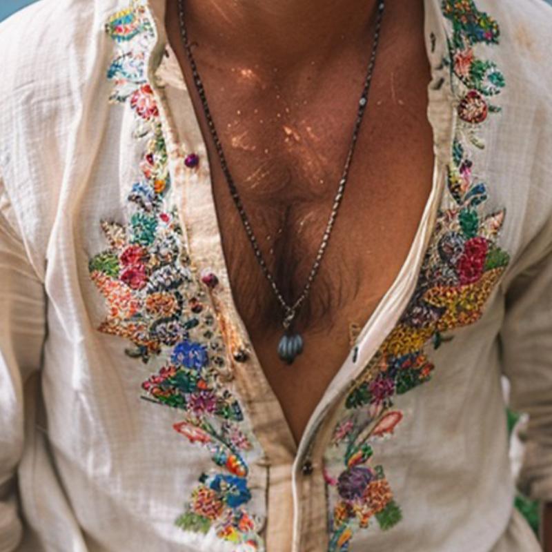 Chemise en Lin Bohème Homme Col Mao Broderie Été