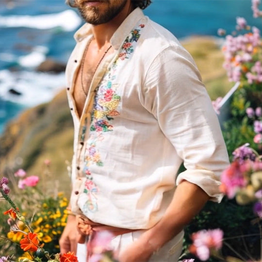 Chemise en Lin Bohème Homme Col Mao Broderie Été